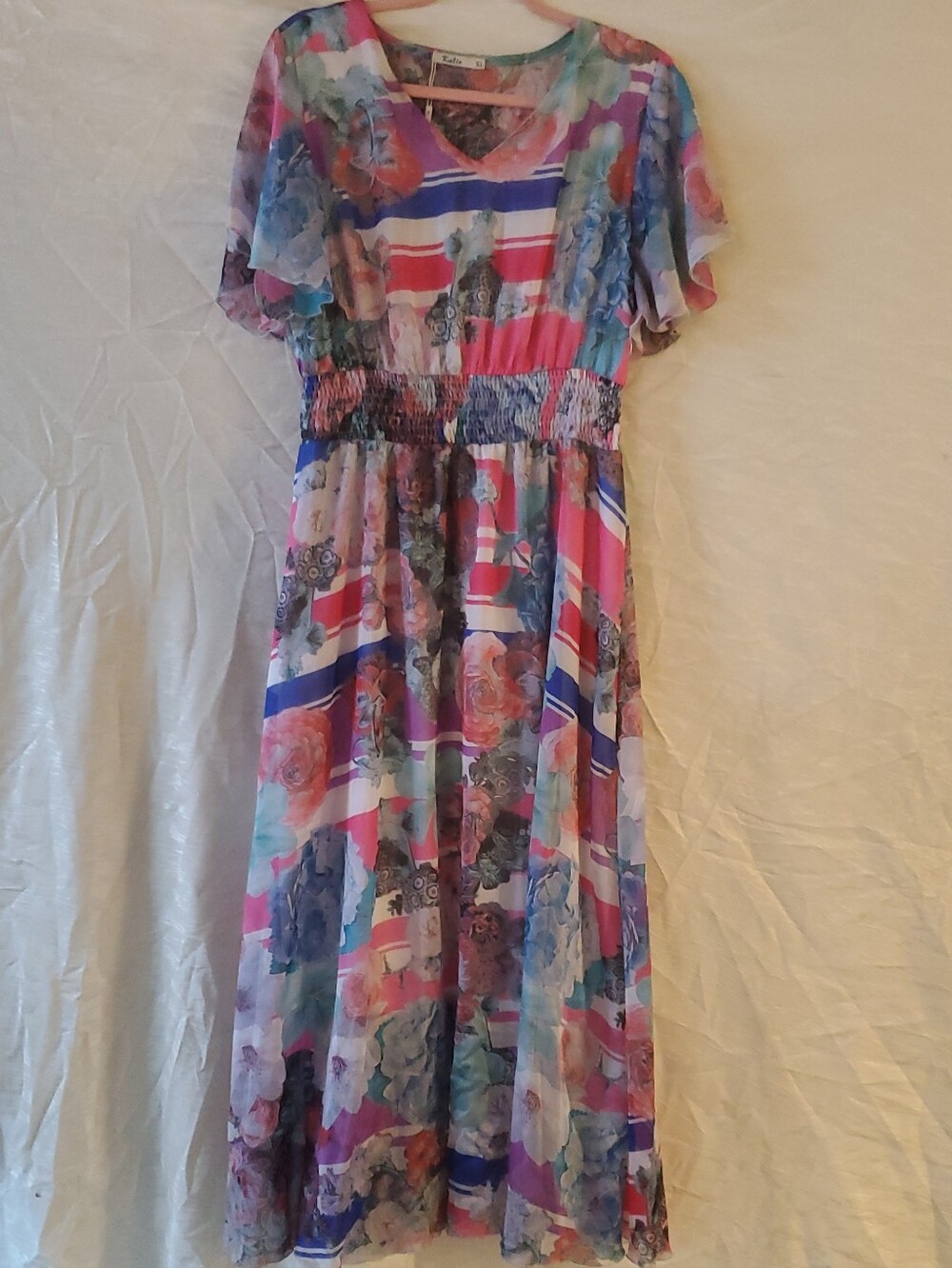 katie Floral Stripe Maxi Dress in Pink, Teal & Coral
